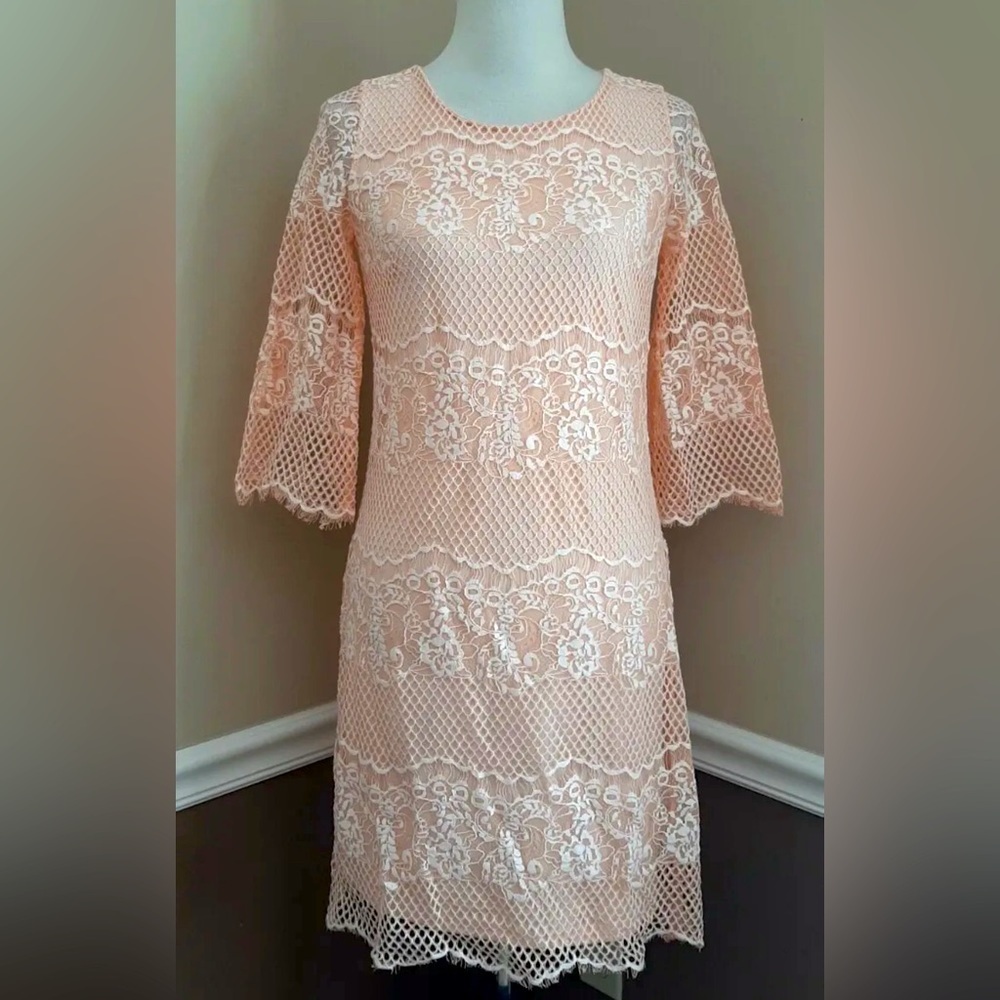 Peach Fringed Lace Mesh 3/4 Sleeve ModCloth Shift Dress by Wendy Bird Size 0 XS